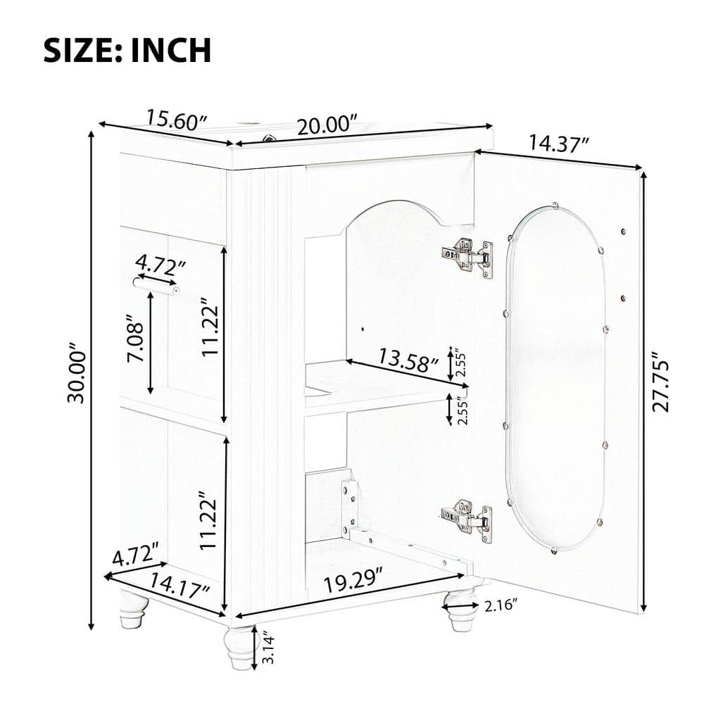 20 in. White MDF Bathroom Vanity with Ceramic Sink and 2-Tier Shelf