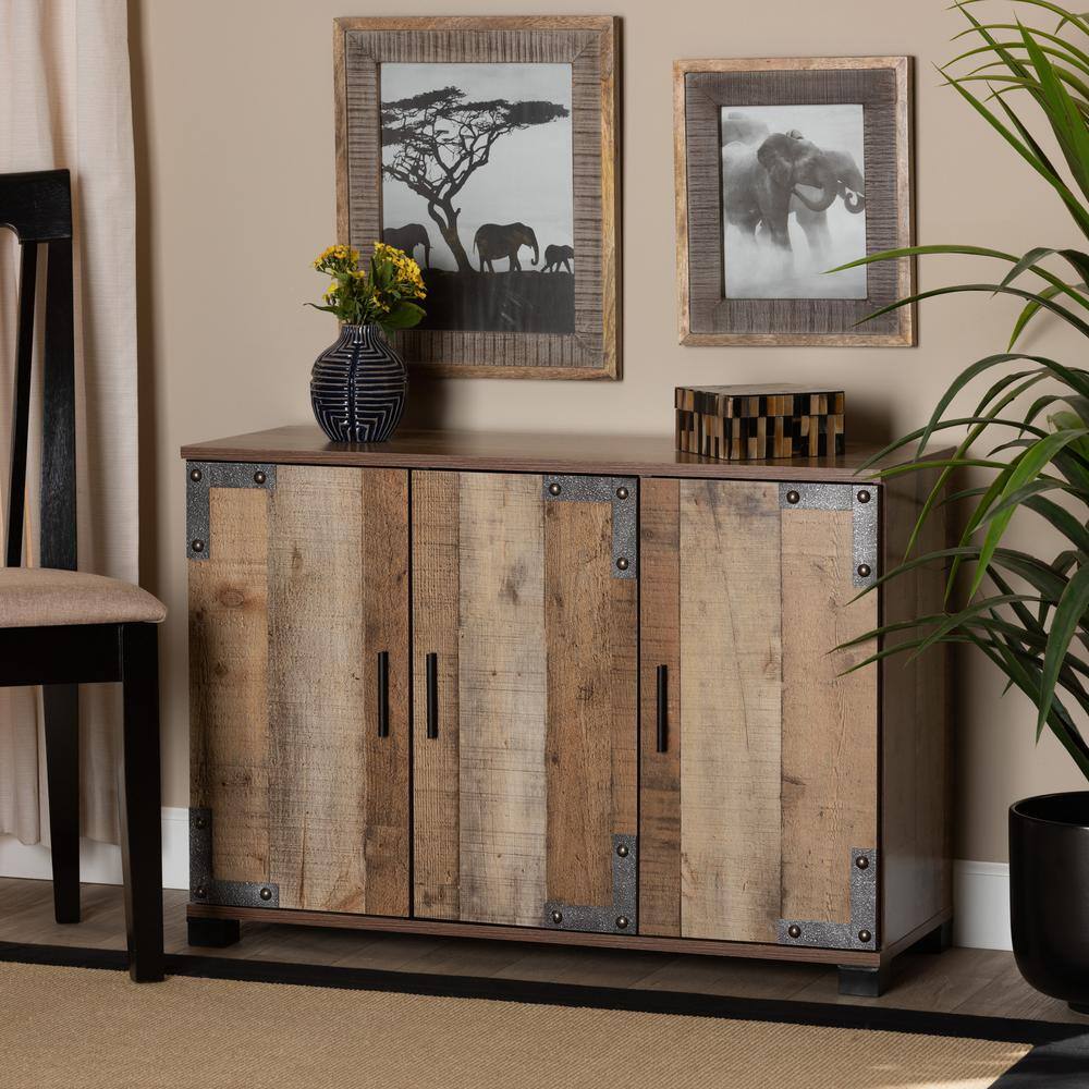 Rustic Brown Wood 3-Door Shoe Cabinet with Metal Accents