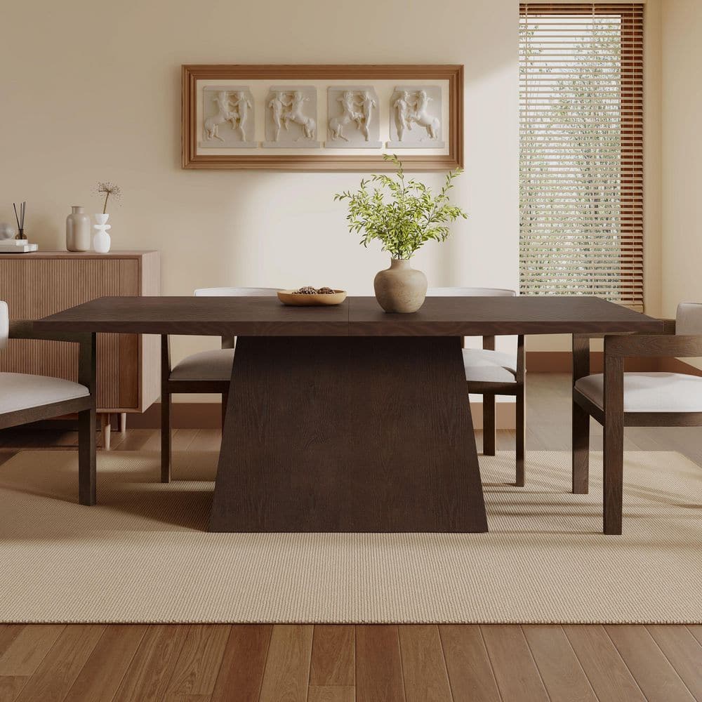 Minimalist Rectangular Espresso Wood 40 in. Pedestal Base Dining Table Seats 6 with Ash Wood Veneer