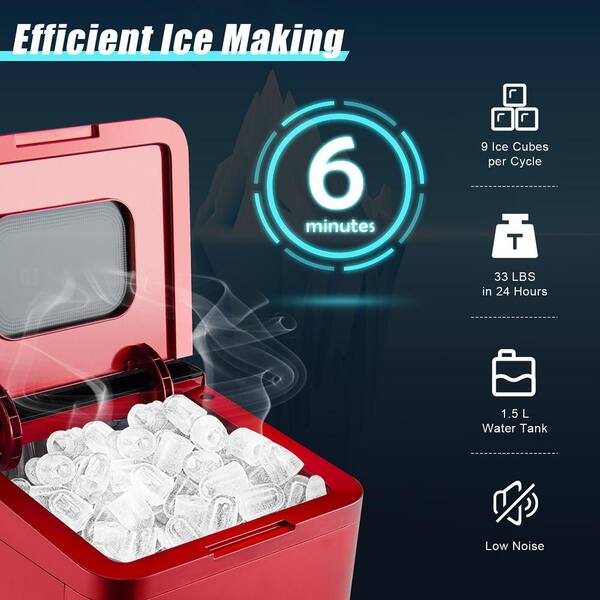 Crzoe Countertop Ice Maker Machine with Handle,26Lbs/24H,9 Cubes Ready in 6  Mins,Self-Cleaning Ice Makers with Ice Bags and Scoop Basket,for