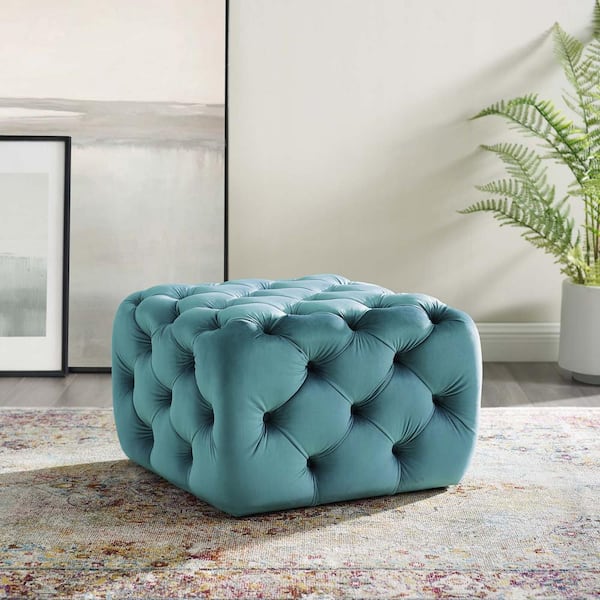 MODWAY Anthem Sea Blue Tufted Button Square Performance Velvet Ottoman
