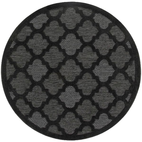 Nourison Easy Care Charcoal Black 5 ft. x 5 ft. Trellis Contemporary Round Area Rug