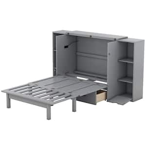 Gray Wood Frame Queen Size Murphy Bed with Shelves, Drawers and USB Ports