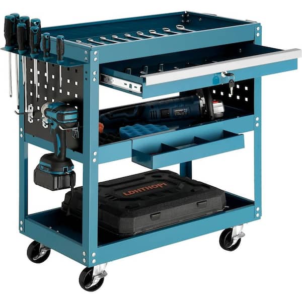 29.5 in. Tool Carts 3 Tire Rollin 330 lbs. with Lockable Storage Drawer Bleu