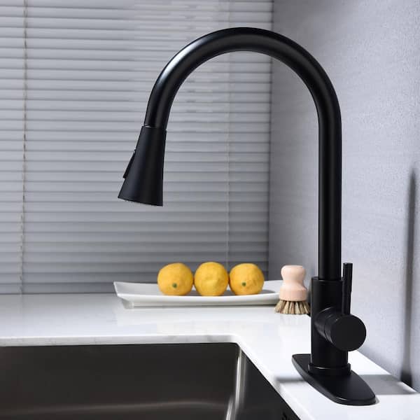 Unbranded Single Handle Pull Out Sprayer Kitchen Faucet Stainless Steel include Deckplate, Cold Hot Water Tap in Black