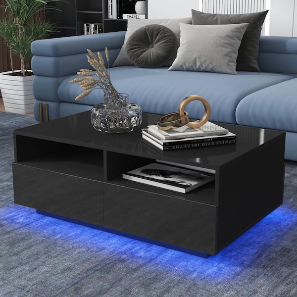 WOODYHOME 37.4 in. Black Rectangle MDF LED Coffee Table with 4 Storage Drawers with 2 Open Shelves POA7028147