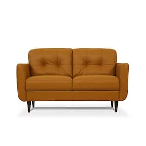 59 in. Camel Leather Solid Color Leather 2-Seater Loveseat with Black Solid Manufactured Wood Legs