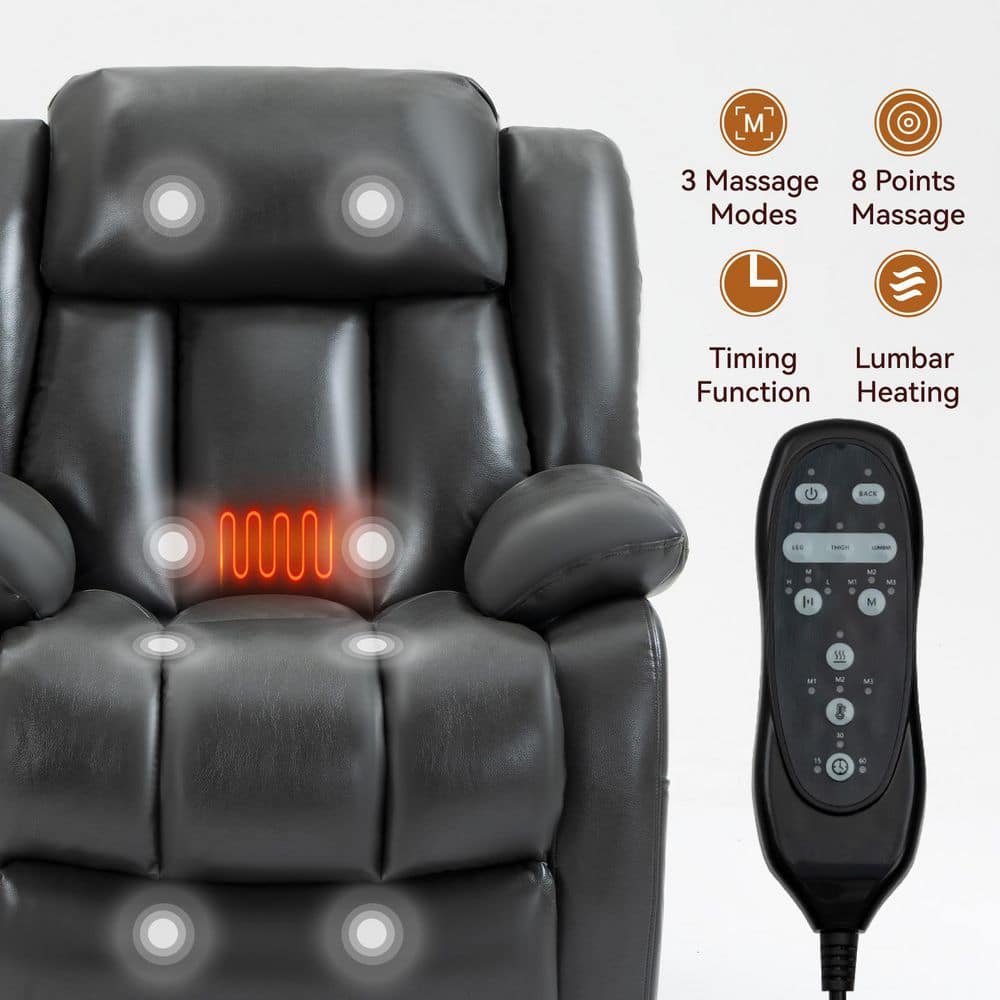 Grey Genuine Leather Power Lift Recliner Chair Dual Motor Recliner with 8-Point Vibration Massage, Lumbar Heating - Thumbnail 3
