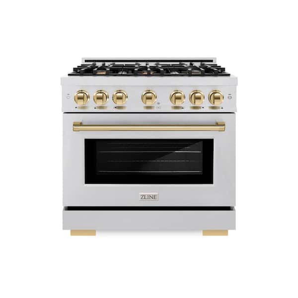 Autograph 36 in. Select Dual Fuel Range with 6 Burners and Convection Oven in Satin Steel with Polished Gold Accents