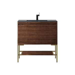 Milan 35.4 in. W x 18.1 in. D x 36 in. H Bathroom Vanity in Mid Century Walnut with Charcoal Black Mineral Composite Top