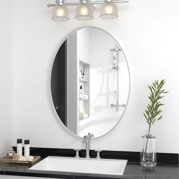 PRIMEPLUS 24 in. W x 36 in. H Large Oval Mirrors Metal Framed Wall Mirrors Bathroom Mirror Vanity Mirror Accent Mirror in Silver