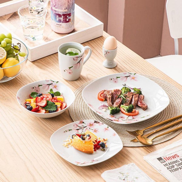 20-Piece White with Pink Floral Pattern Porcelain Dinnerware Set Service for 4 Dinner Set with Bowls Plates Mugs Egg Cup