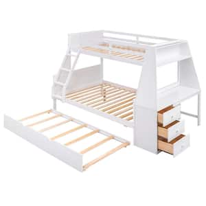 White Wood Twin over Full Bunk Bed with Trundle and Built-in Desk, Three Storage Drawers and Shelf