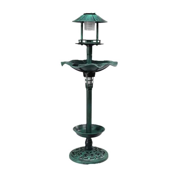 Outdoor Solar Lighted Pedestal Bird Bath Resin Fountain Decoration with Planter and Feeder, for Garden Yard, Green.