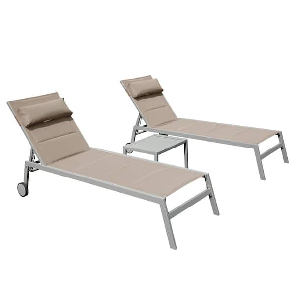 Otryad 3-Pieces Metal Outdoor Chaise Lounge, Aluminum Pool Lounge Chairs with Side Table and Wheels for Beach-Khaki
