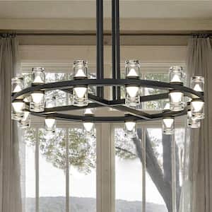 Mid-Century Modern 12-Light 32 in. Industrial Round Integrated LED Chandelier In Matte Black Finish With Clear Acrylic
