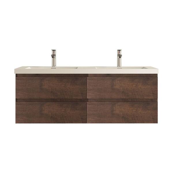 Angela 60 in. Double Rose Wood Bath Vanity Wall-mounted Floating Vanities with Gloss White Resin Stone Top 4 Drawers