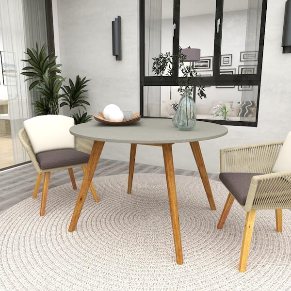 Gray Round Wood Outdoor Dining Table with Concrete Inspired Top and Slender Tapered Legs