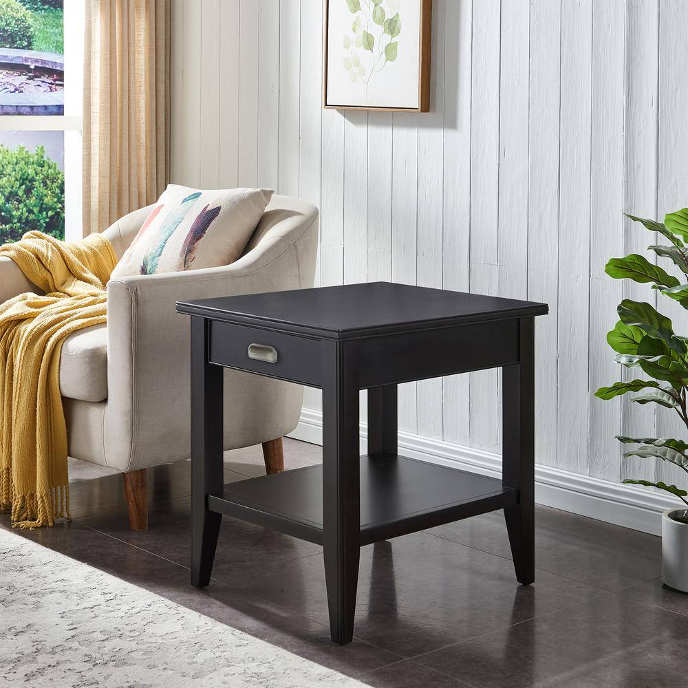 Elegant Black Hardwood End Table with Storage Shelf and Drawer