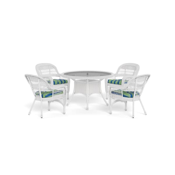 Tortuga Outdoor Portside White 5-Piece Wicker Outdoor Dining Set with Haliwell Caribbean Cushions