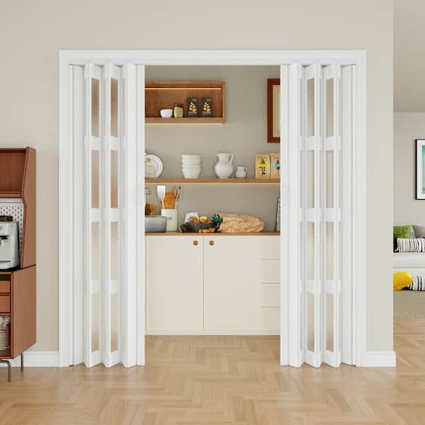 72 in. x 80 in. White Dual 4-Lite PVC Accordion Door with Frosted Acrylic Glass with Installation Hardware