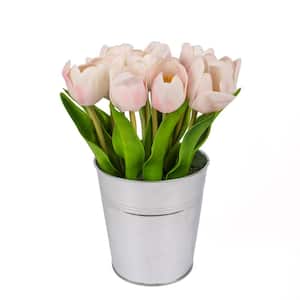 9 in. Artificial Floral Arrangements Tulips in Metal Pot- Color: Pink