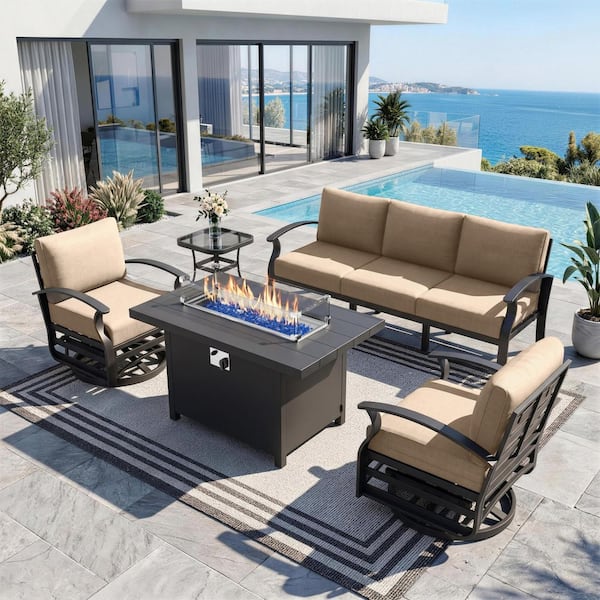 5-Piece Aluminum Patio Conversation Set with armrest, Firepit Table, Swivel Rocking Chairs and Sand Cushions