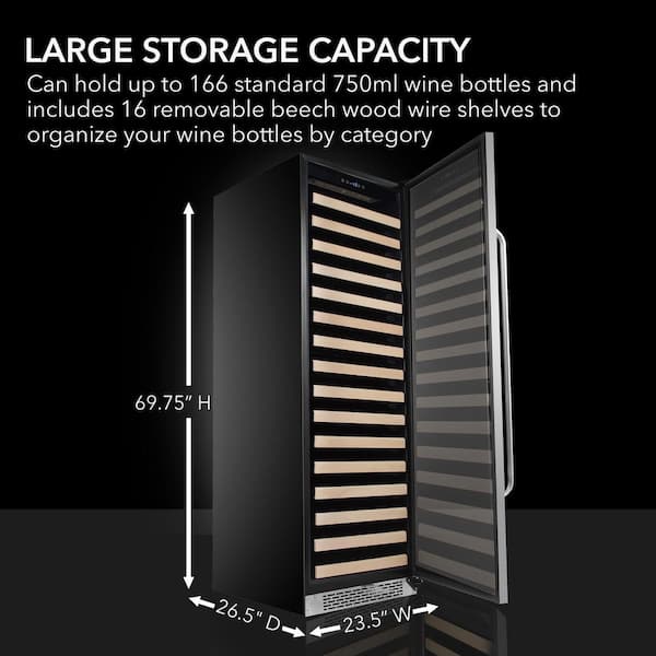 24 in. Single-Zone 166-Bottle Wine Cooler Fridge with Display Rack Built-In Stainless Steel UV Protection Glass Door