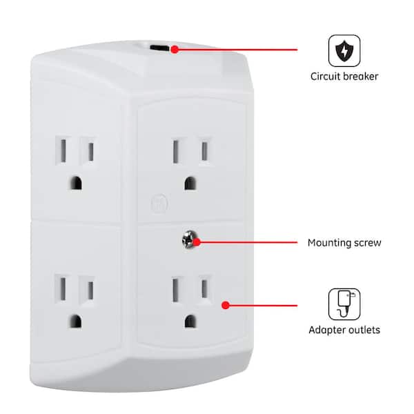 New Grounded 6-Outlet Wall Tap Adapter Circuit Breaker Reset Overload Protection 