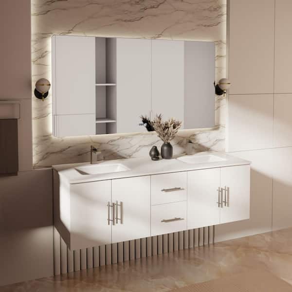 Geneva 60 in. W x 22 in. D Glossy White Double Bath Vanity, Cultured Marble Top, and Faucet Set