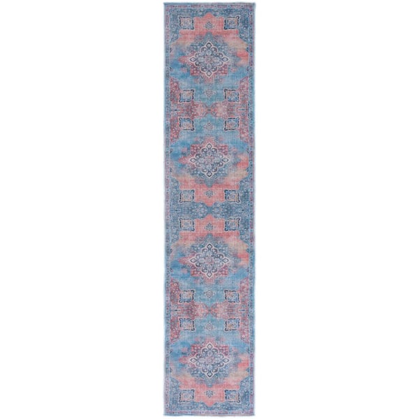 Serapi Red/Blue 2 ft. x 9 ft. Machine Washable Geometric Distressed Runner Rug