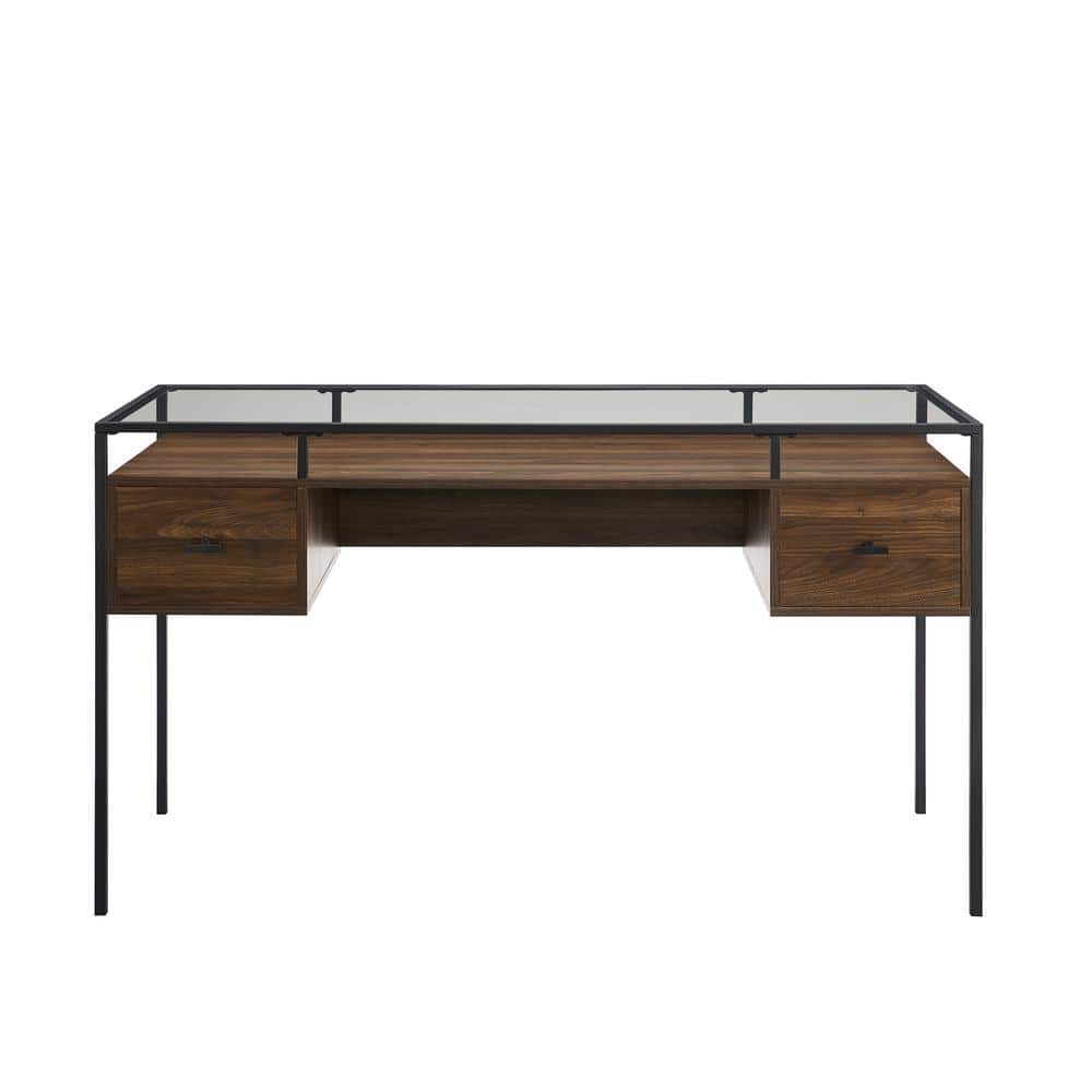 Welwick Designs 54 in. Rectangular Dark Walnut Wood and Metal 2-Drawer  Double Sided Executive Desk HD8685 - The Home Depot