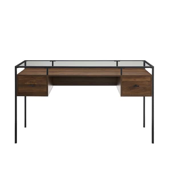 Welwick Designs 56 in. Dark Walnut Rectangular 2 -Drawer Writing Desk with Glass Top