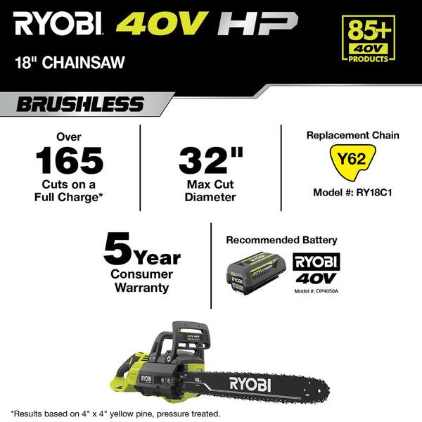 RYOBI 40V HP Brushless 18 in. Battery Chainsaw with 5.0 Ah Battery 