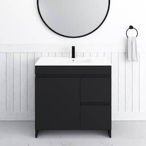 Mace 36 in. W x 18 in. D x 34 in. H Bath Vanity in Black with White Ceramic Top and Right-Side Drawers