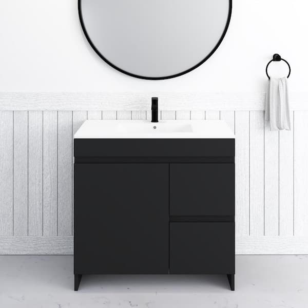 VOLPA USA AMERICAN CRAFTED VANITIES Mace 36 in. W x 18 in. D x 34 in. H Bath Vanity in Black with White Ceramic Top and Right-Side Drawers