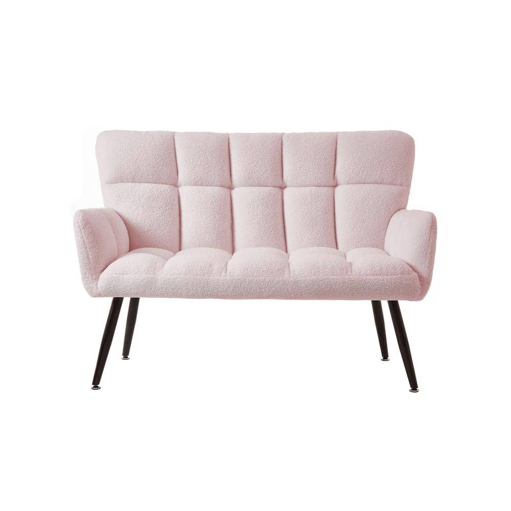 Black Metal Teddy Fabirc Outdoor Loveseat Sofa with Pink Cushions, Couch 2-