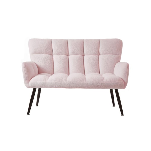 Unbranded Black Metal Teddy Fabirc Outdoor Loveseat Sofa with Pink Cushions, Couch 2-Seater, Wood Legs for Living Room, Bedroom
