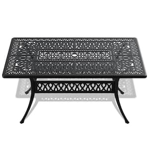 58.27 in. Rectangular Cast Aluminum Patio Dining Table With Black Frame and Umbrella Hole for Backyard and Poolside