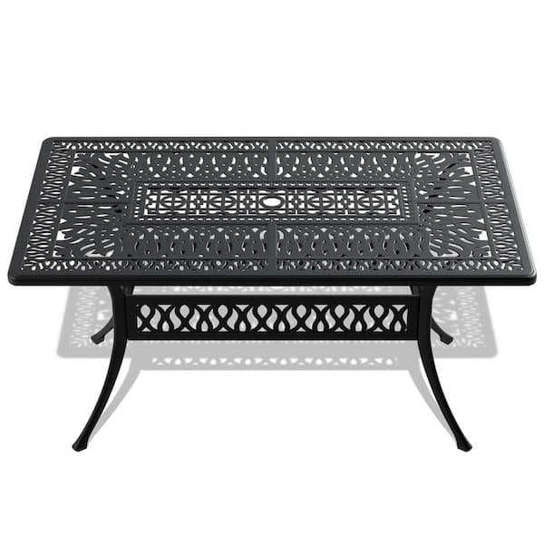 Zeus & Ruta 58.27 in. Rectangular Cast Aluminum Patio Dining Table With Black Frame and Umbrella Hole for Backyard and Poolside