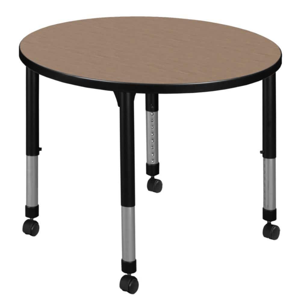 Kee 30 in. Round Noble Oak Height Adjustable Mobile Classroom Activity Table Desk with Black Base