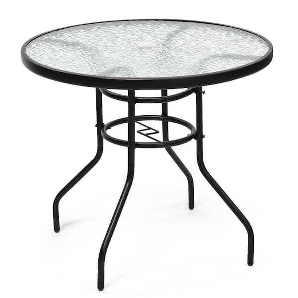 Gtnali 32 in. Outdoor Patio Tempered Glass Round Table and Steel Frame with Umbrella Hole