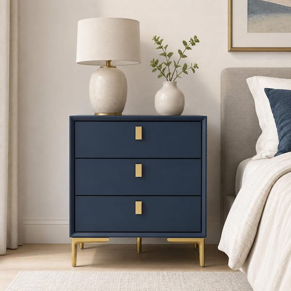 19.6 in. W Blue Rectangle Wood Side End Table with 3 Drawer, Gold Metal Legs for Living Room, Bedroom
