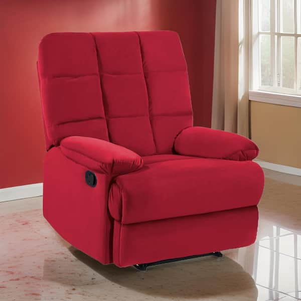 Benjara Red Velvet Manual Recliner with Soft Cushion and Solid Wood