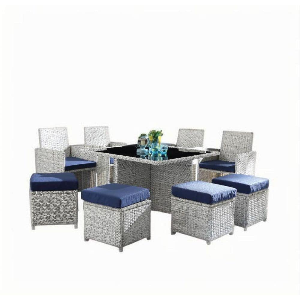 9-Piece Wicker Outdoor Bistro Set with Blue Cushions, Patio Furniture Set for Garden, Backyard price history on PriceWatchPro