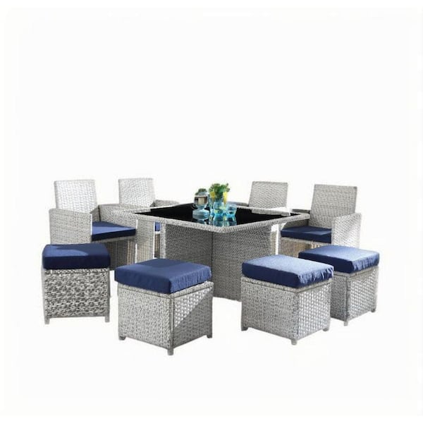 9-Piece Wicker Outdoor Bistro Set with Blue Cushions, Patio Furniture Set for Garden, Backyard
