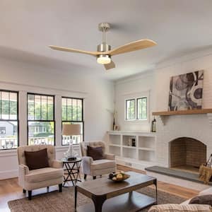 52 in. Smart LED Indoor Wood Color Low Profile Iron Semi Flush Mount Ceiling Fan with Light with Remote Control