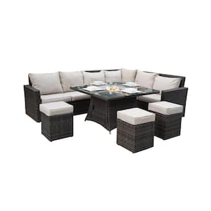 Jessica 8-Piece Wicker Patio Conversation Set with Beige Cushions with Firepit Table