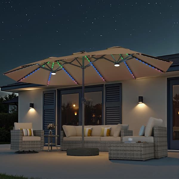 Alpine B 15 ft. Solar Colour LED Light Outdoor Double-Sided Market Patio Umbrella, UV Protection with Base in Beige