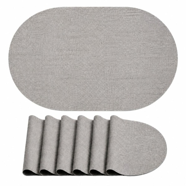 11.8 in. x 17 in. Light Grey Faux Leather Oval Reversible Placemats (Set of 6) Waterproof Heat Resistant